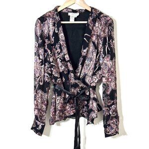 Vtg Adrianna Papell Silk Beaded Paisley Wrap Top SzL Floral Whimsigoth Fairycore